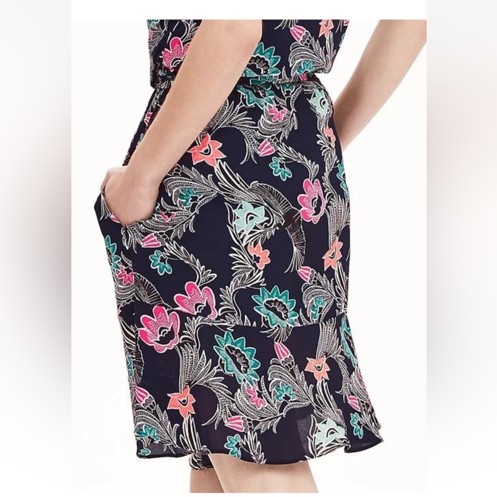 Banana Republic Short Sleeve Shirt Dress Tropical Floral Bird Print Navy 12 EUC - Picture 5 of 16